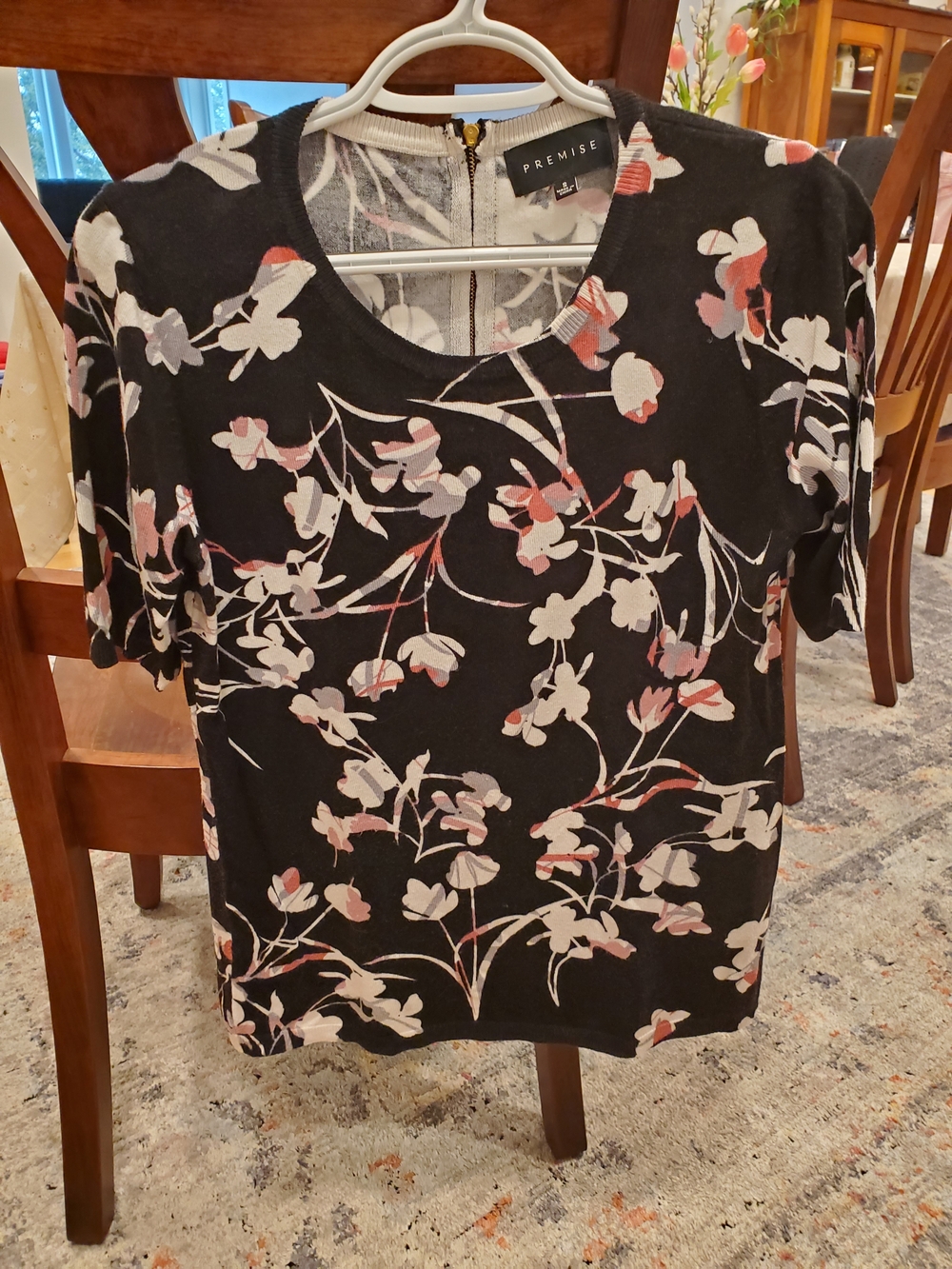 Premise Black Floral Short-Sleeve Crewneck Sweater with Pink and Cream Accents